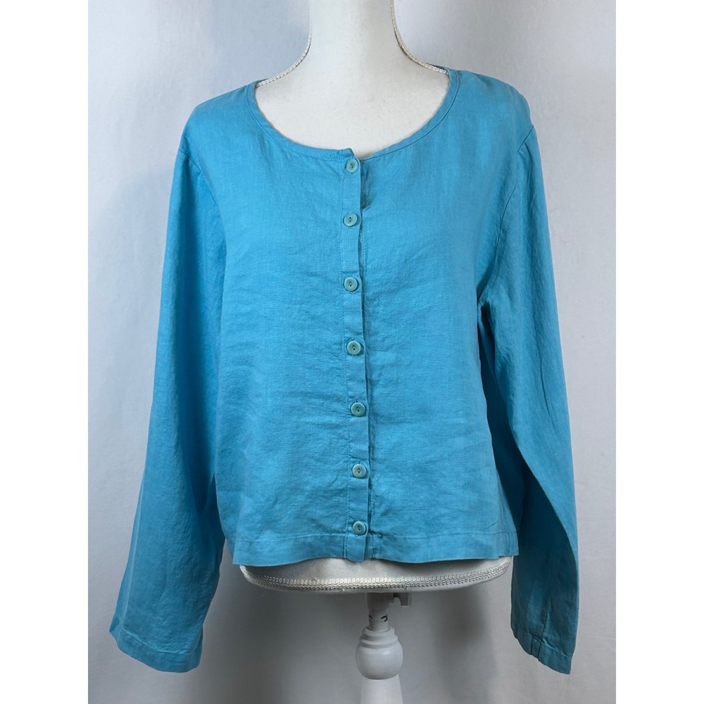 FLAX Linen Button Down Cardigan Top Womens Size M Turquoise Blue Excellent Lagen